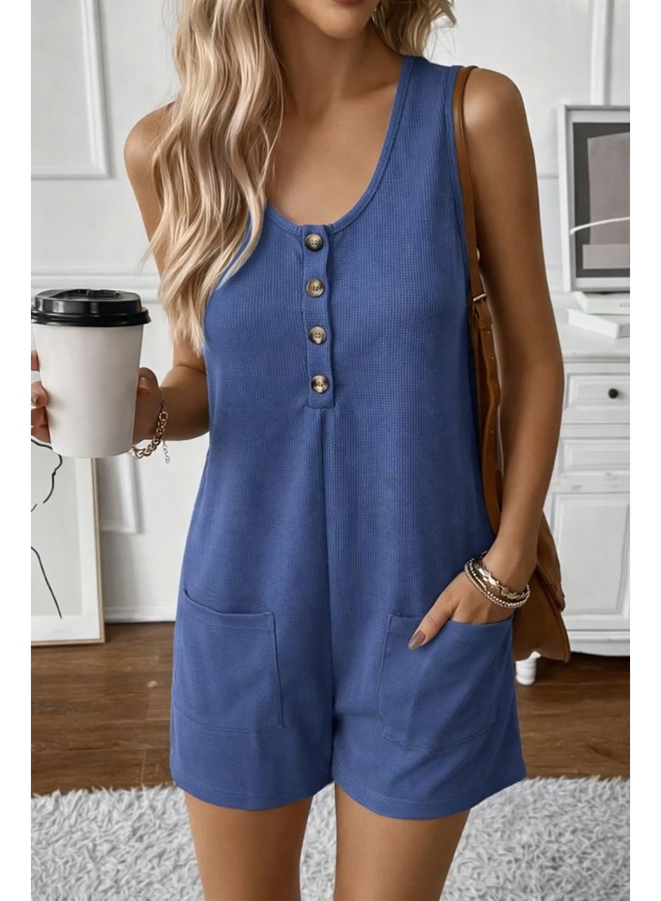 Kadın Askılı Yuvarlak Yaka önden Düğmeli Waffle Kısa Tulum