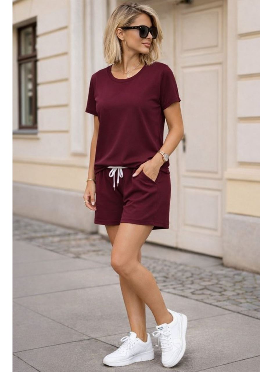 Kadın Kısa Kollu Bisiklet Yaka Viskon Iki Iplik Kumaş Bluz Ve şort Ikili Takım
