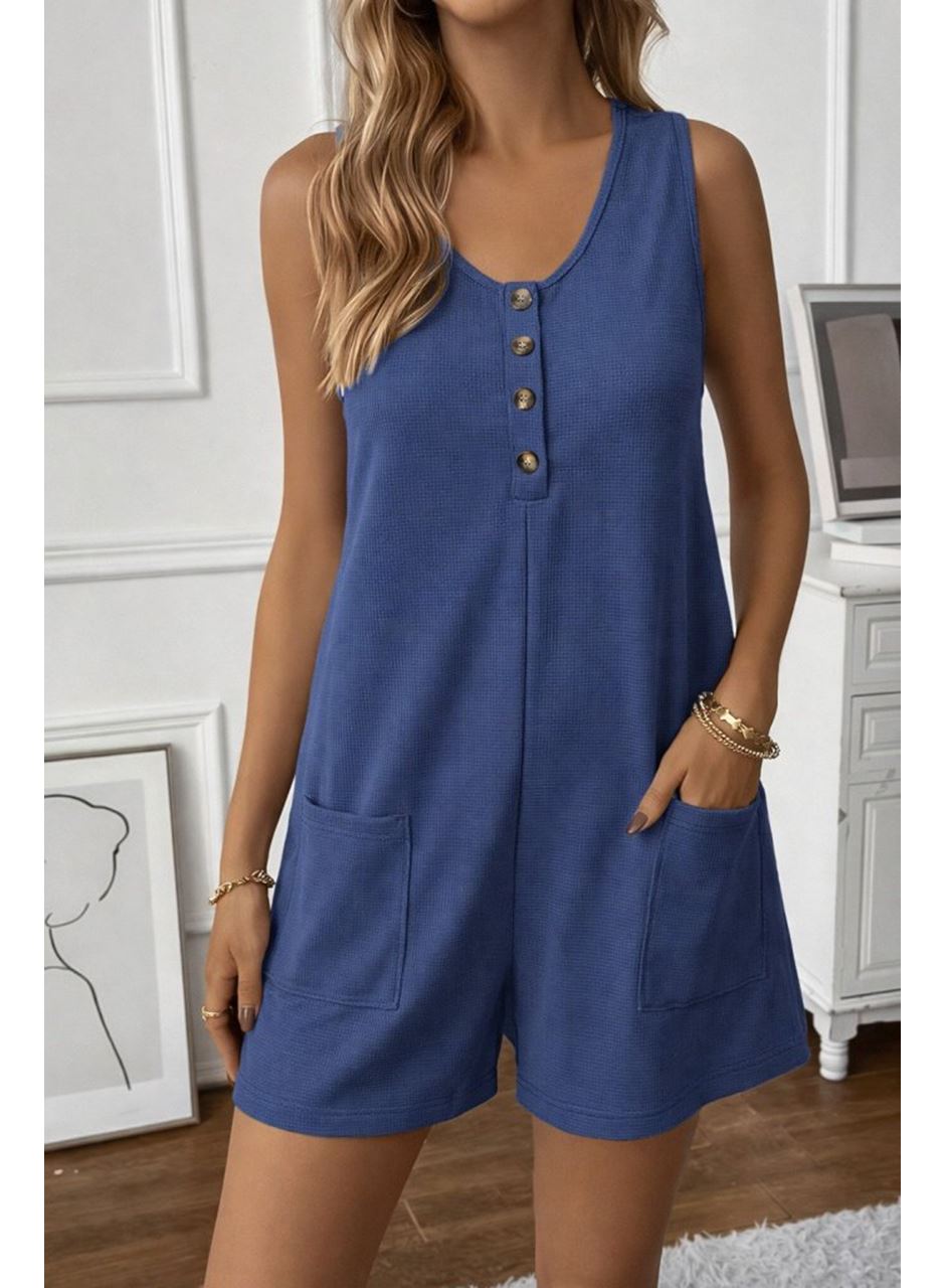 Kadın Askılı Yuvarlak Yaka önden Düğmeli Waffle Kısa Tulum