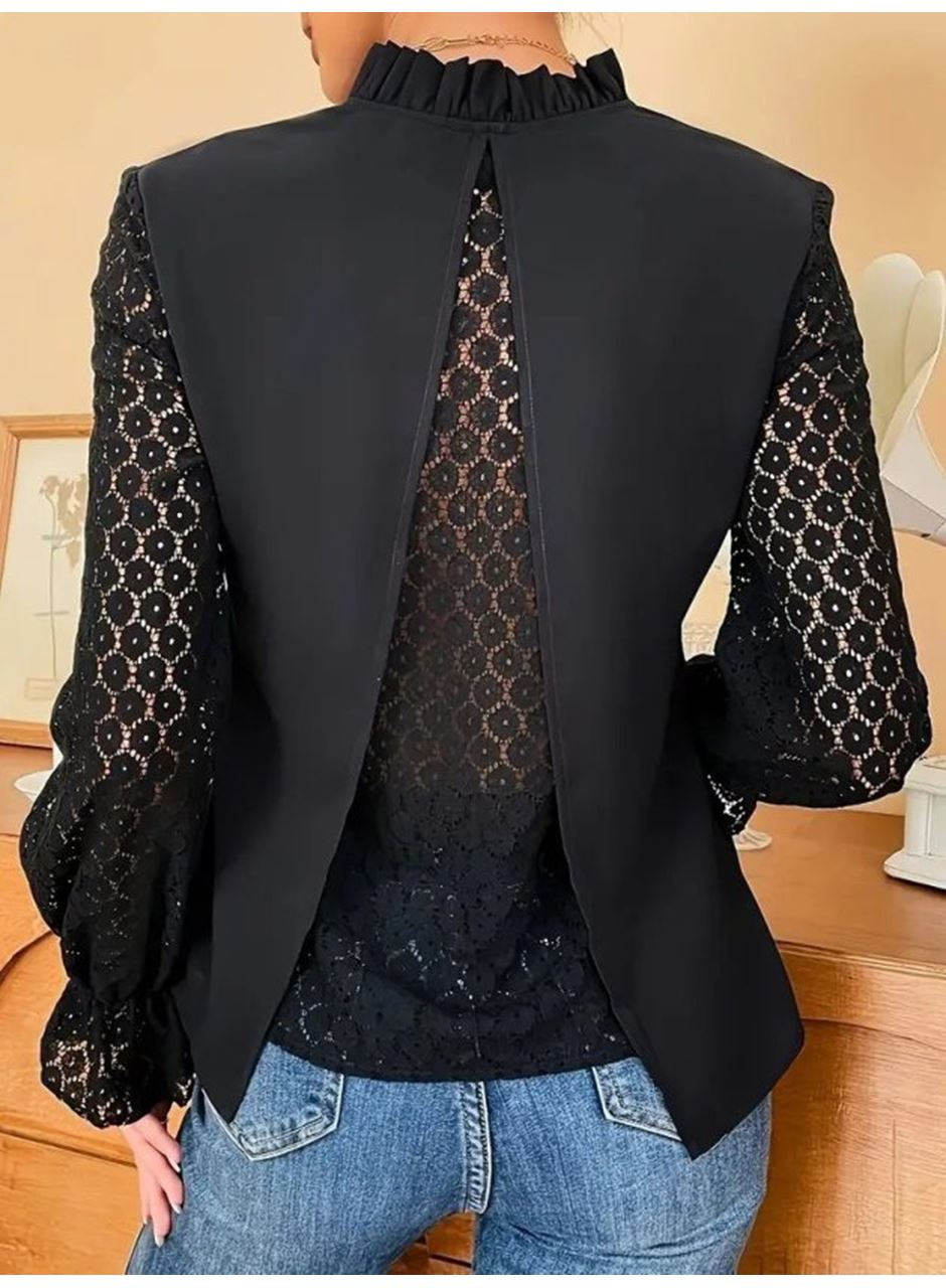 Kadın Uzun Kollu V Fırfır Yakalı Arkası çapraz Detaylı Ithal Krep Bluz