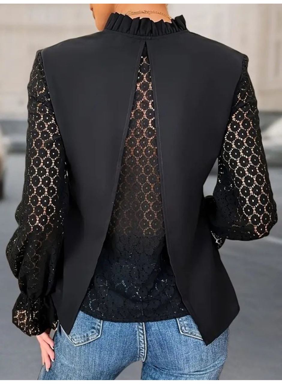 Kadın Uzun Kollu V Fırfır Yakalı Arkası çapraz Detaylı Ithal Krep Bluz