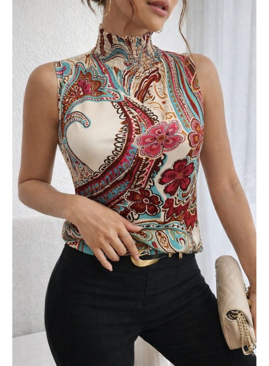 Kadın Kolsuz Balıkçı Yaka Desenli Süprem Bluz