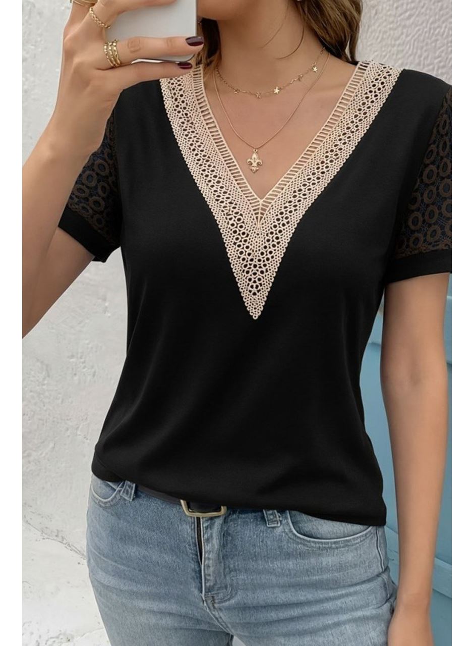 Kadın Kısa Kollu V Yakalı Dantel Detaylı Viskon Bluz