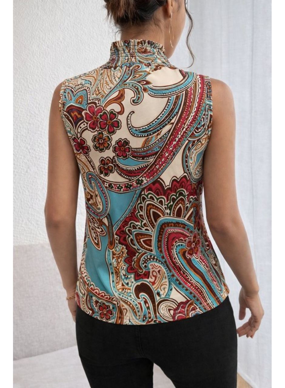 Kadın Kolsuz Balıkçı Yaka Desenli Süprem Bluz