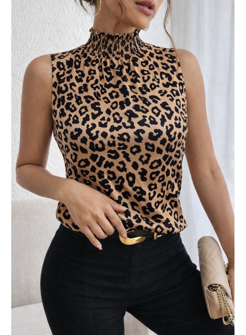 Kadın Kolsuz Balıkçı Yaka Desenli Süprem Bluz