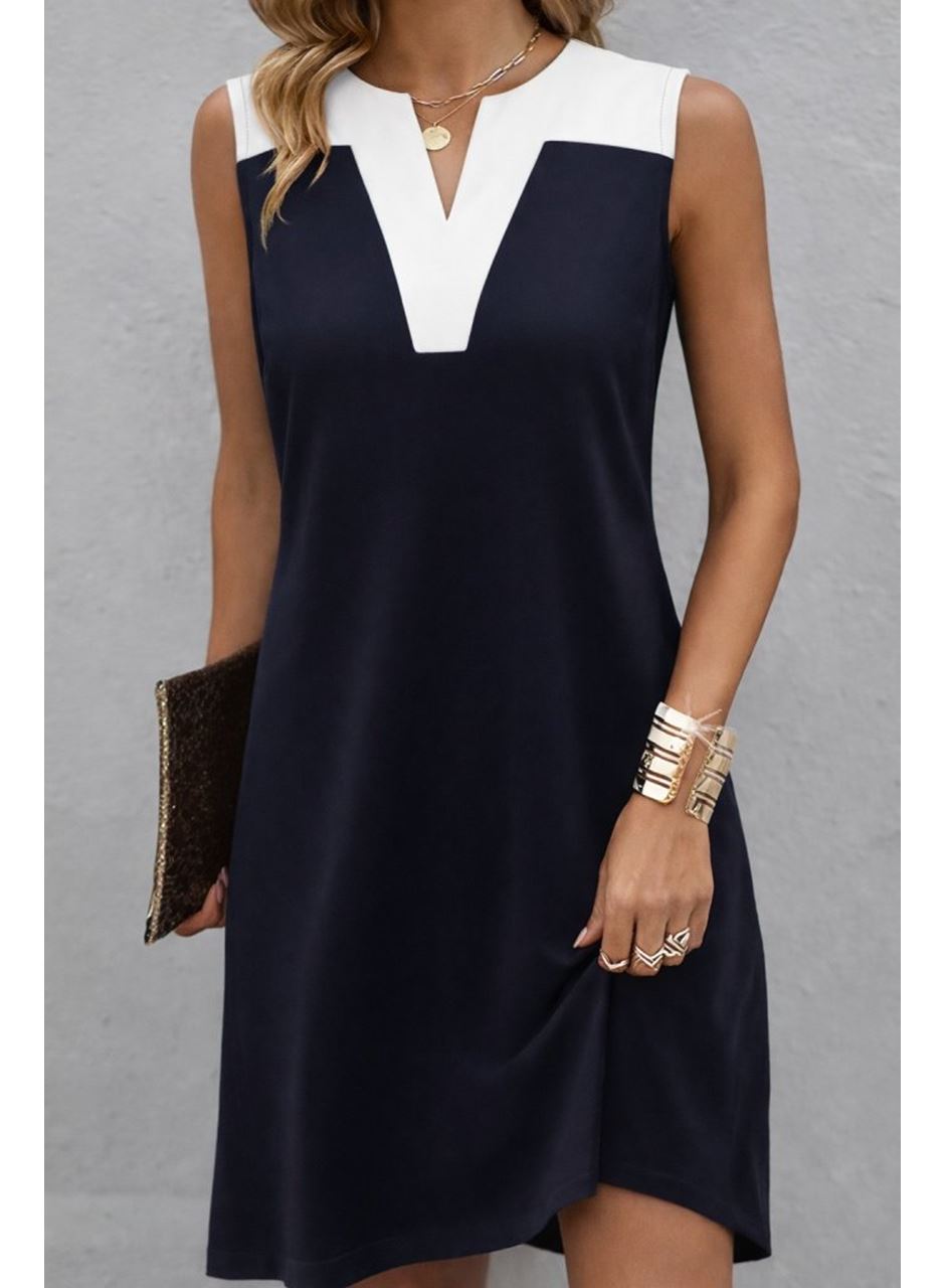 Kadın Askılı V Yakalı çift Renkli Kısa Viskon Iki Iplik Elbise