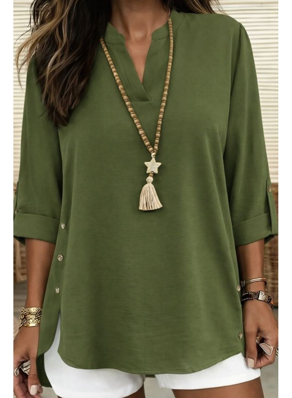 Kadın Truvakar Kol Hakim Yakalı Yandan Düğme Detaylı Aerobin Bluz