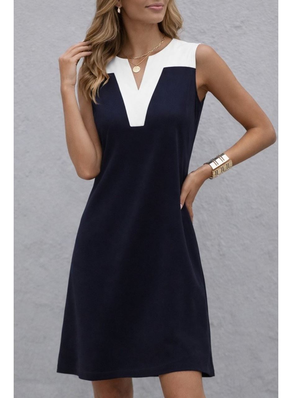 Kadın Askılı V Yakalı çift Renkli Kısa Viskon Iki Iplik Elbise