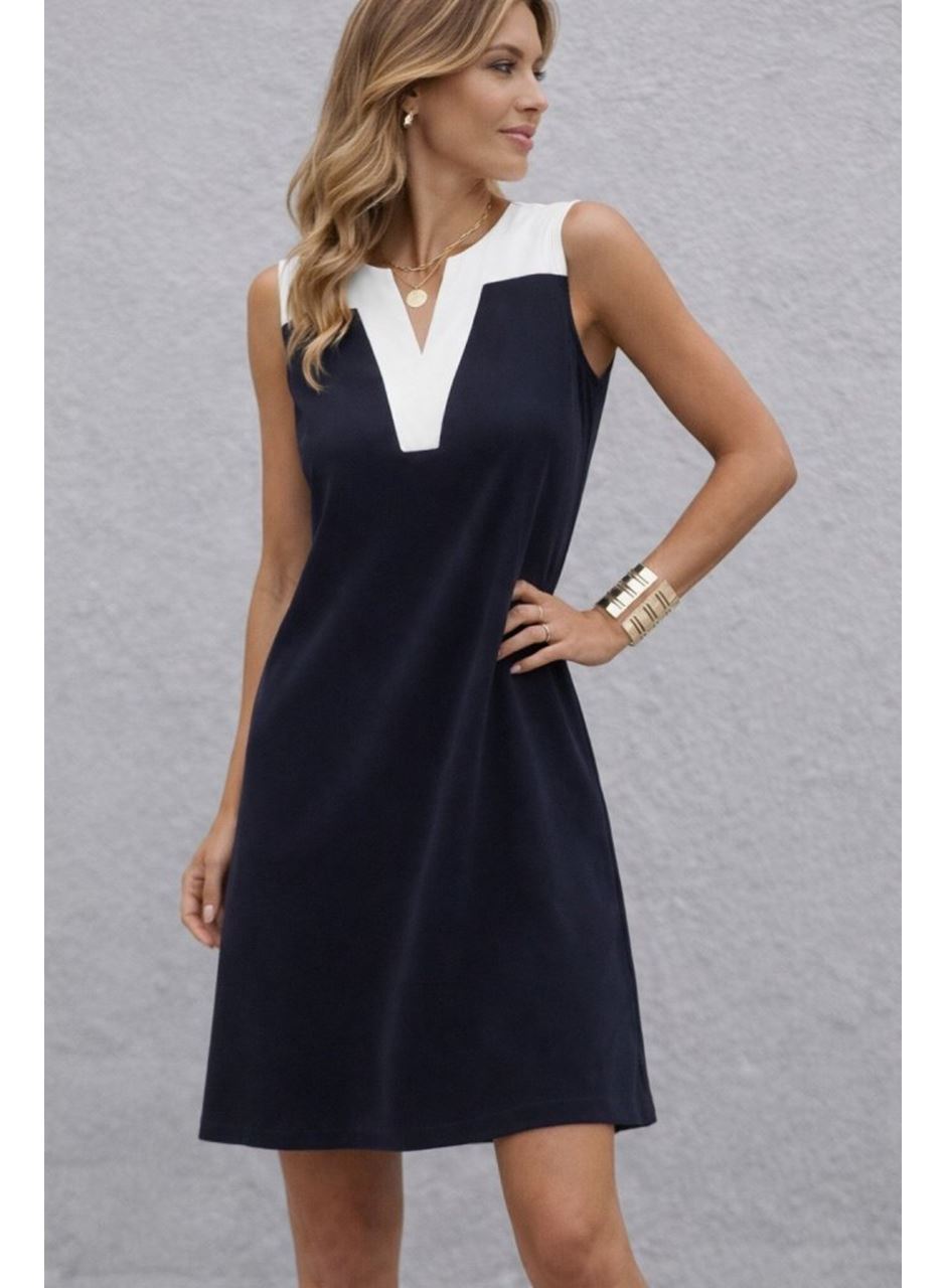 Kadın Askılı V Yakalı çift Renkli Kısa Viskon Iki Iplik Elbise