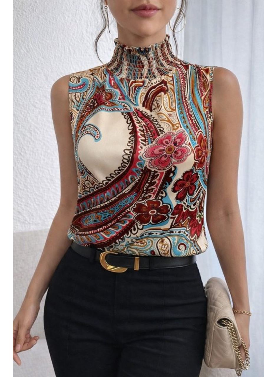 Kadın Kolsuz Balıkçı Yaka Desenli Süprem Bluz