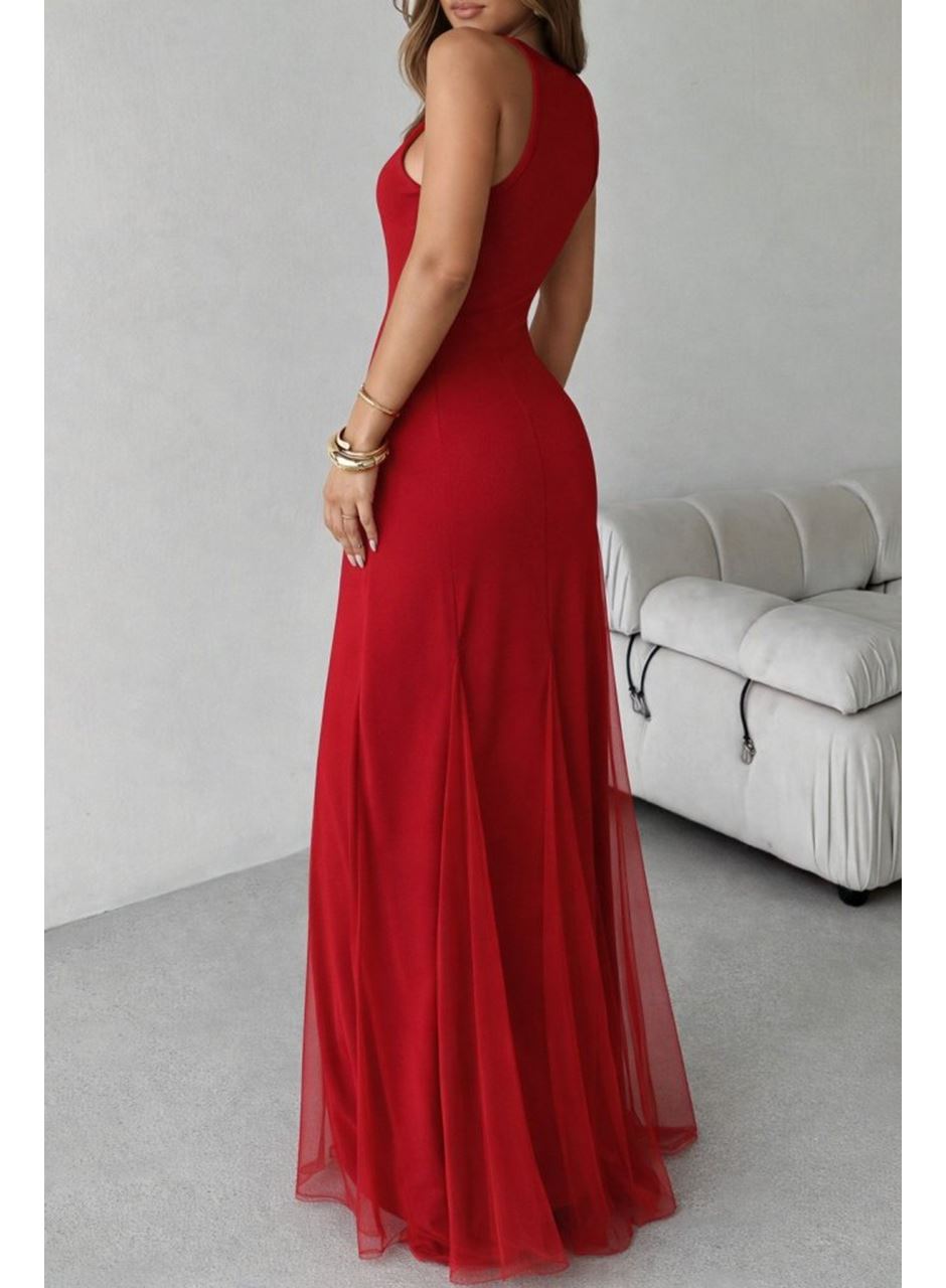 Kadın Askılı Bisiklet Yaka Etek Ucu Tül Detaylı Asimetrik Kiloş Uzun Ithal Krep Elbise