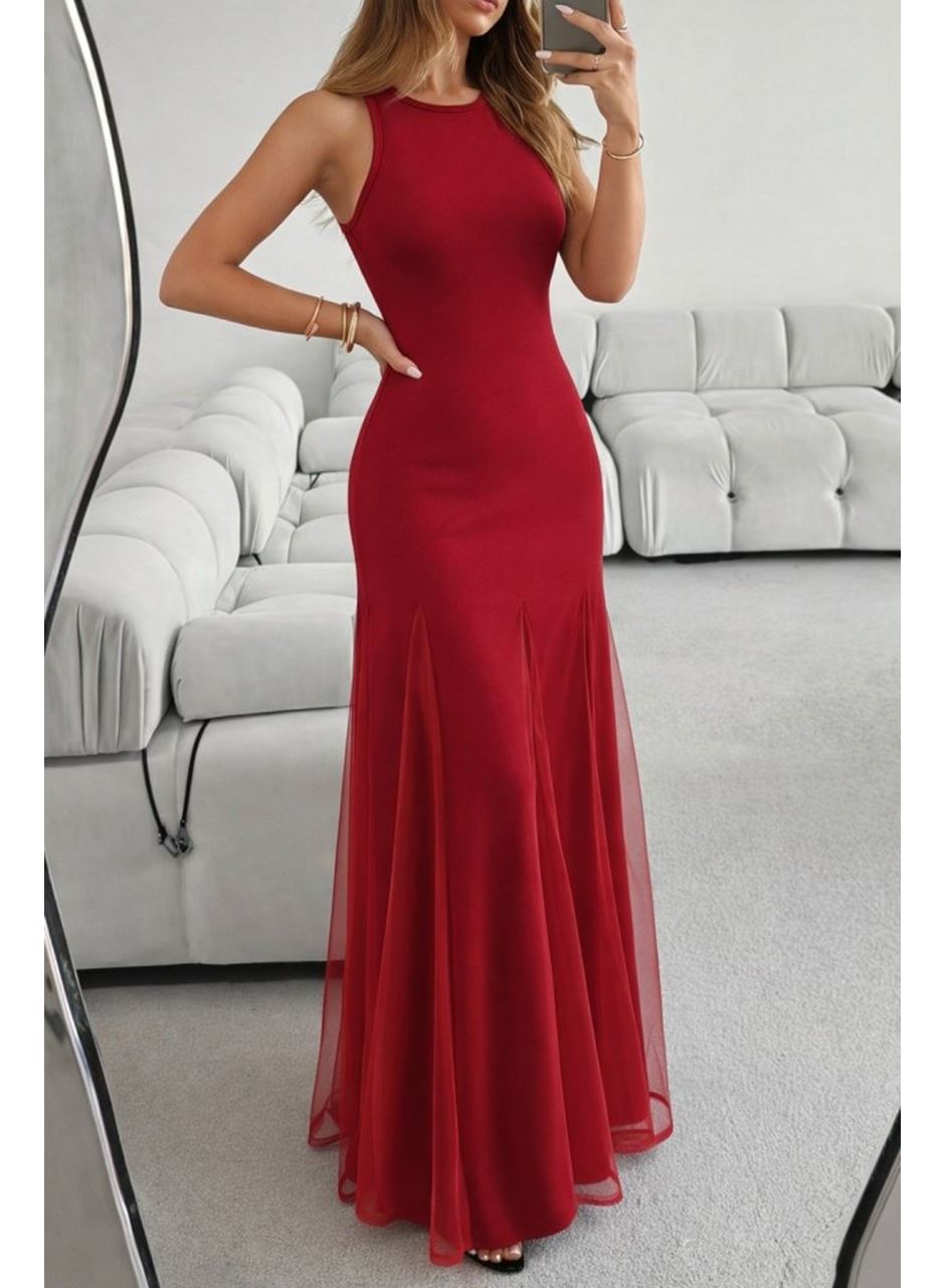 Kadın Askılı Bisiklet Yaka Etek Ucu Tül Detaylı Asimetrik Kiloş Uzun Ithal Krep Elbise