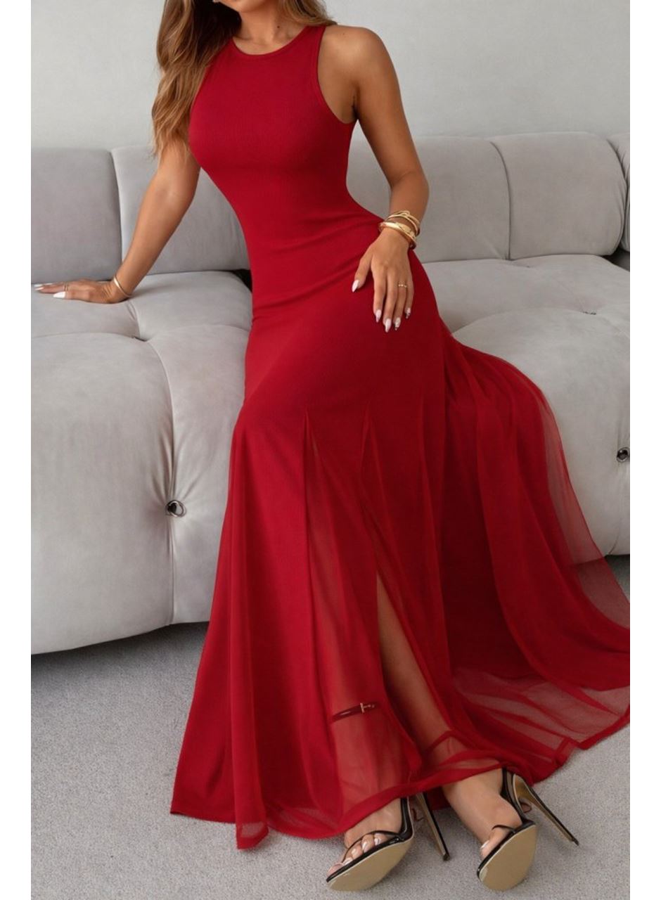 Kadın Askılı Bisiklet Yaka Etek Ucu Tül Detaylı Asimetrik Kiloş Uzun Ithal Krep Elbise