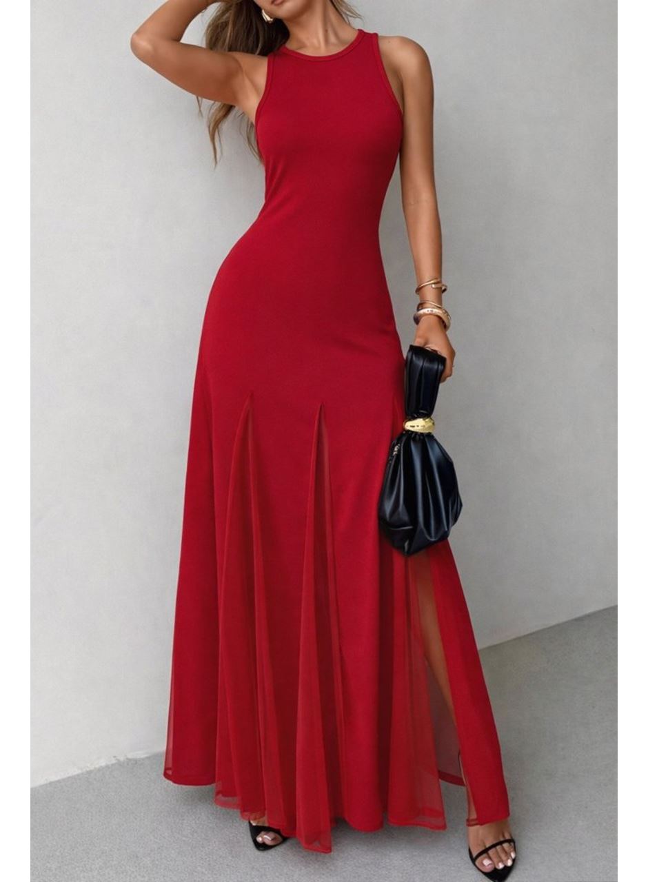 Kadın Askılı Bisiklet Yaka Etek Ucu Tül Detaylı Asimetrik Kiloş Uzun Ithal Krep Elbise