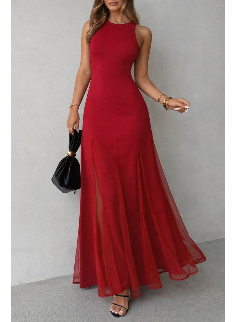 Kadın Askılı Bisiklet Yaka Etek Ucu Tül Detaylı Asimetrik Kiloş Uzun Ithal Krep Elbise