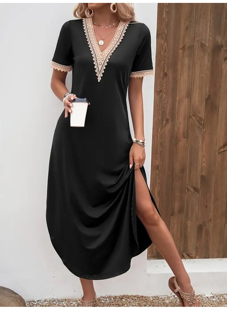 Kadın Kısa Kollu Dantel V Yakalı Uzun Viskon Elbise