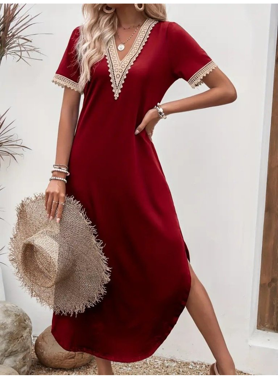 Kadın Kısa Kollu Dantel V Yakalı Uzun Viskon Elbise