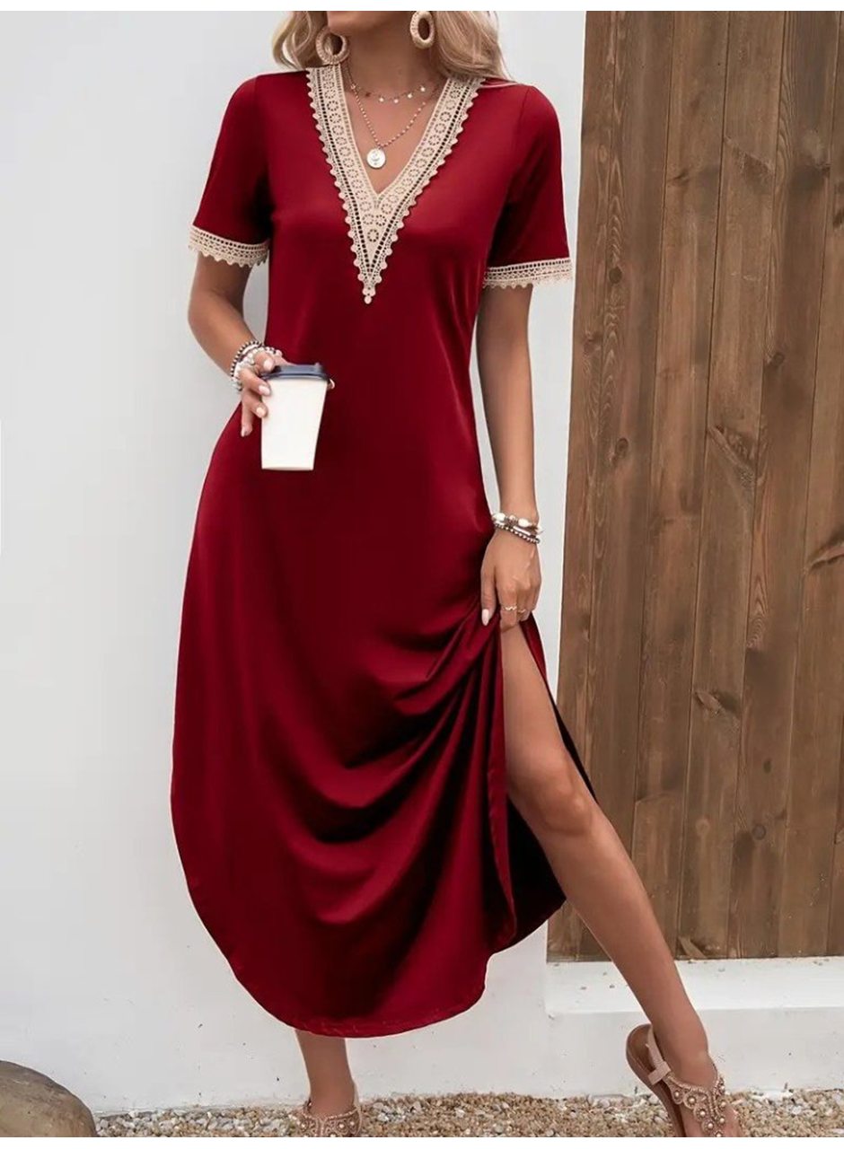 Kadın Kısa Kollu Dantel V Yakalı Uzun Viskon Elbise