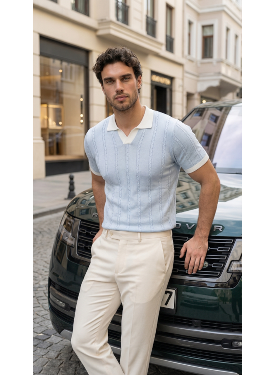 Erkek Örgü Desen Yakalı Kısa Kollu Triko Tişört - %100 Pamuk Akrilik