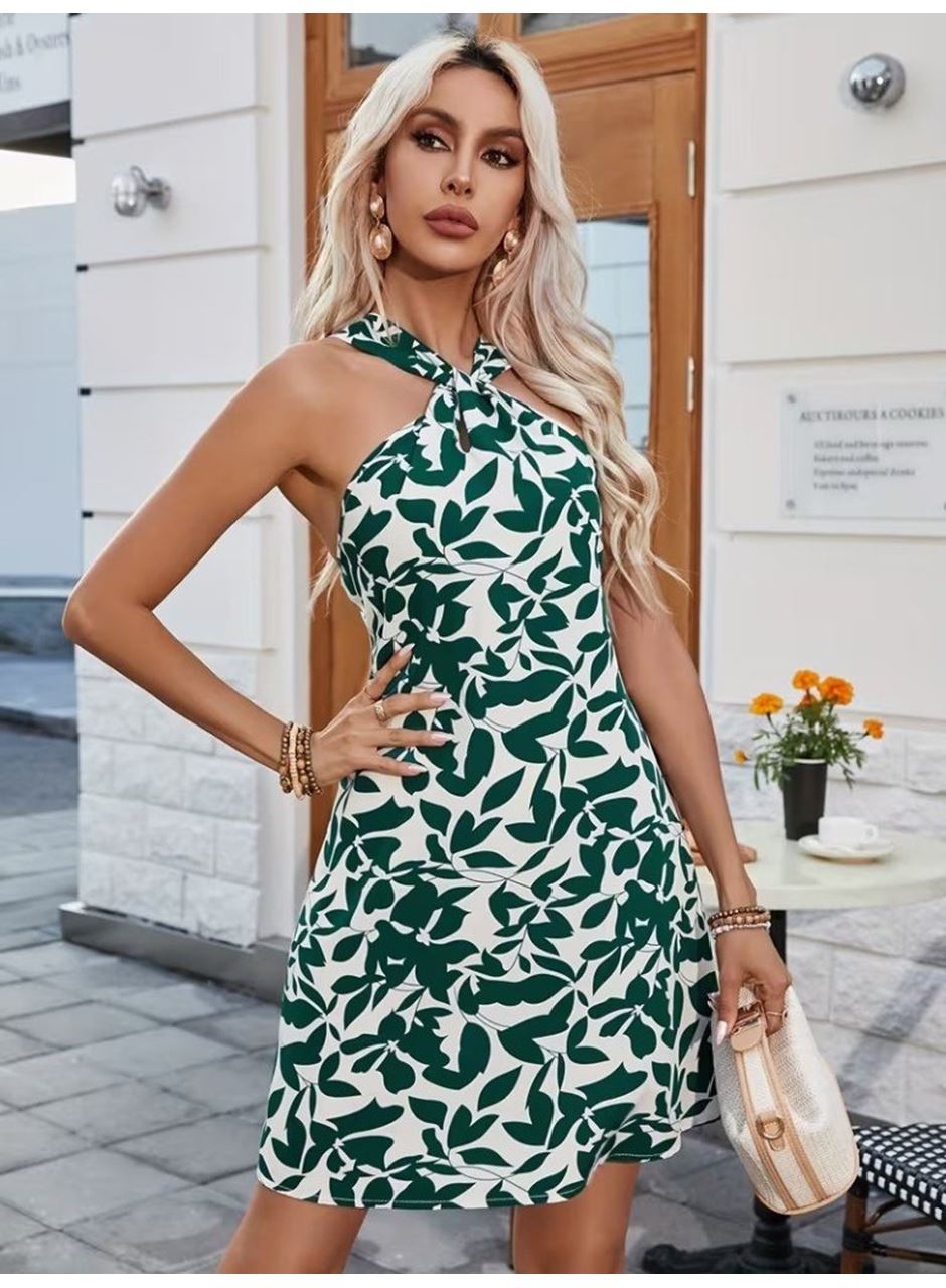 Kadın Boyundan çapraz Askı Damla Detaylı Omuzlardan Açık Desenli Kısa Süprem Elbise