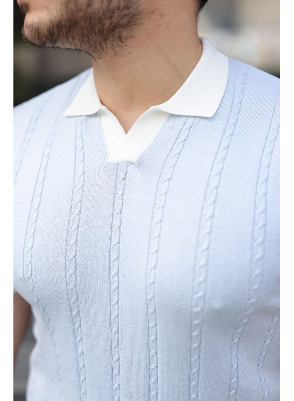 Erkek Örgü Desen Yakalı Kısa Kollu Triko Tişört - %100 Pamuk Akrilik