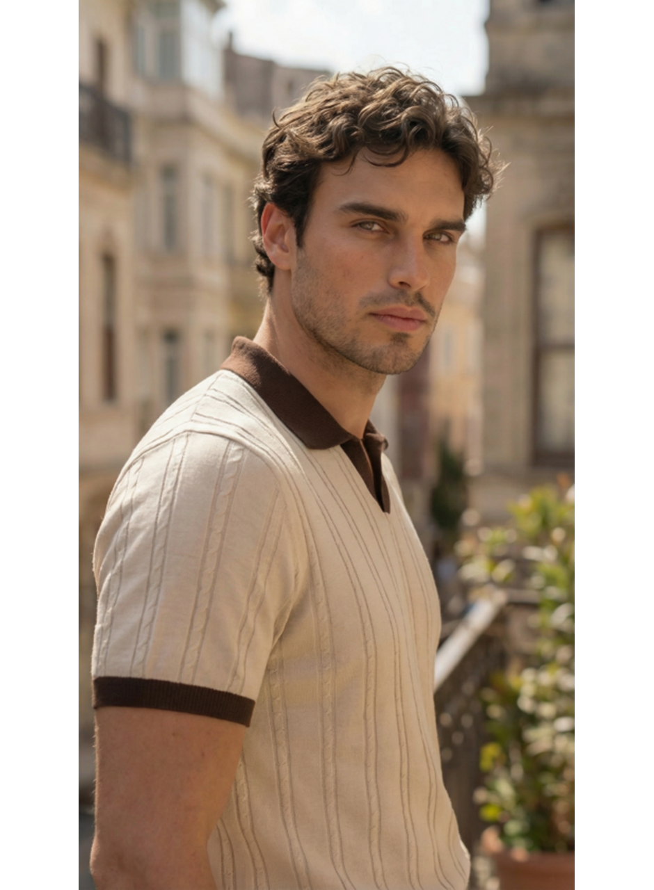 Erkek Örgü Desen Yakalı Kısa Kollu Triko Tişört - %100 Pamuk Akrilik