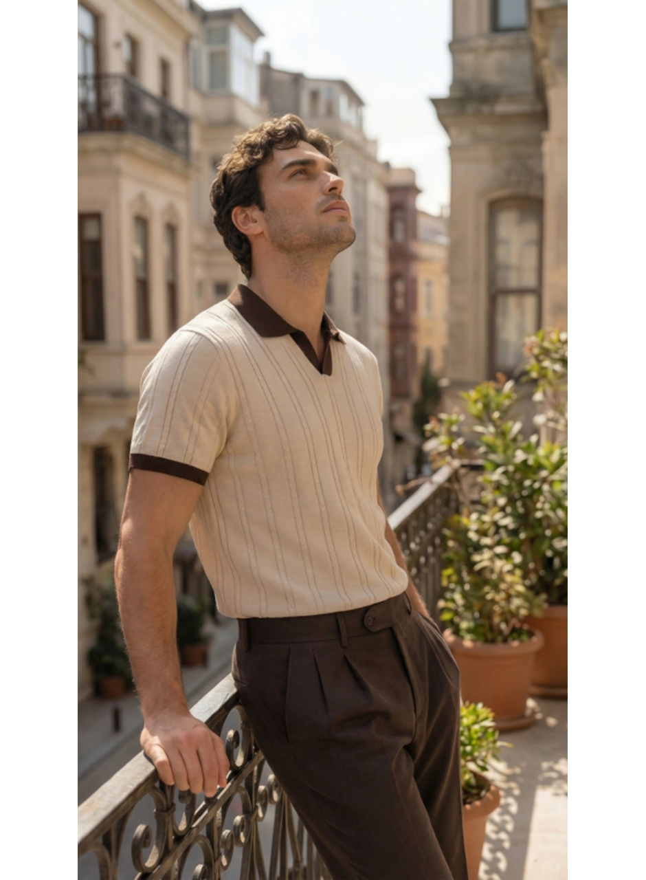 Erkek Örgü Desen Yakalı Kısa Kollu Triko Tişört - %100 Pamuk Akrilik