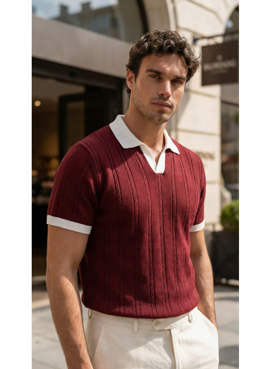 Erkek Örgü Desen Yakalı Kısa Kollu Triko Tişört - %100 Pamuk Akrilik