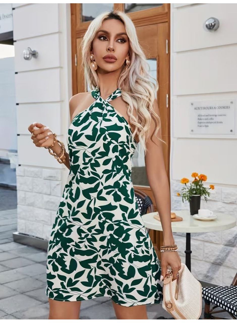 Kadın Boyundan çapraz Askı Damla Detaylı Omuzlardan Açık Desenli Kısa Süprem Elbise