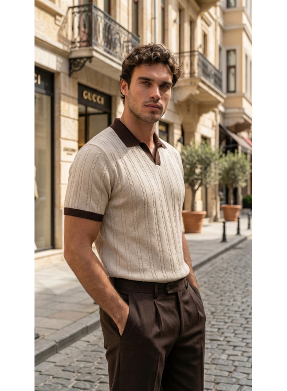 Erkek Örgü Desen Yakalı Kısa Kollu Triko Tişört - %100 Pamuk Akrilik