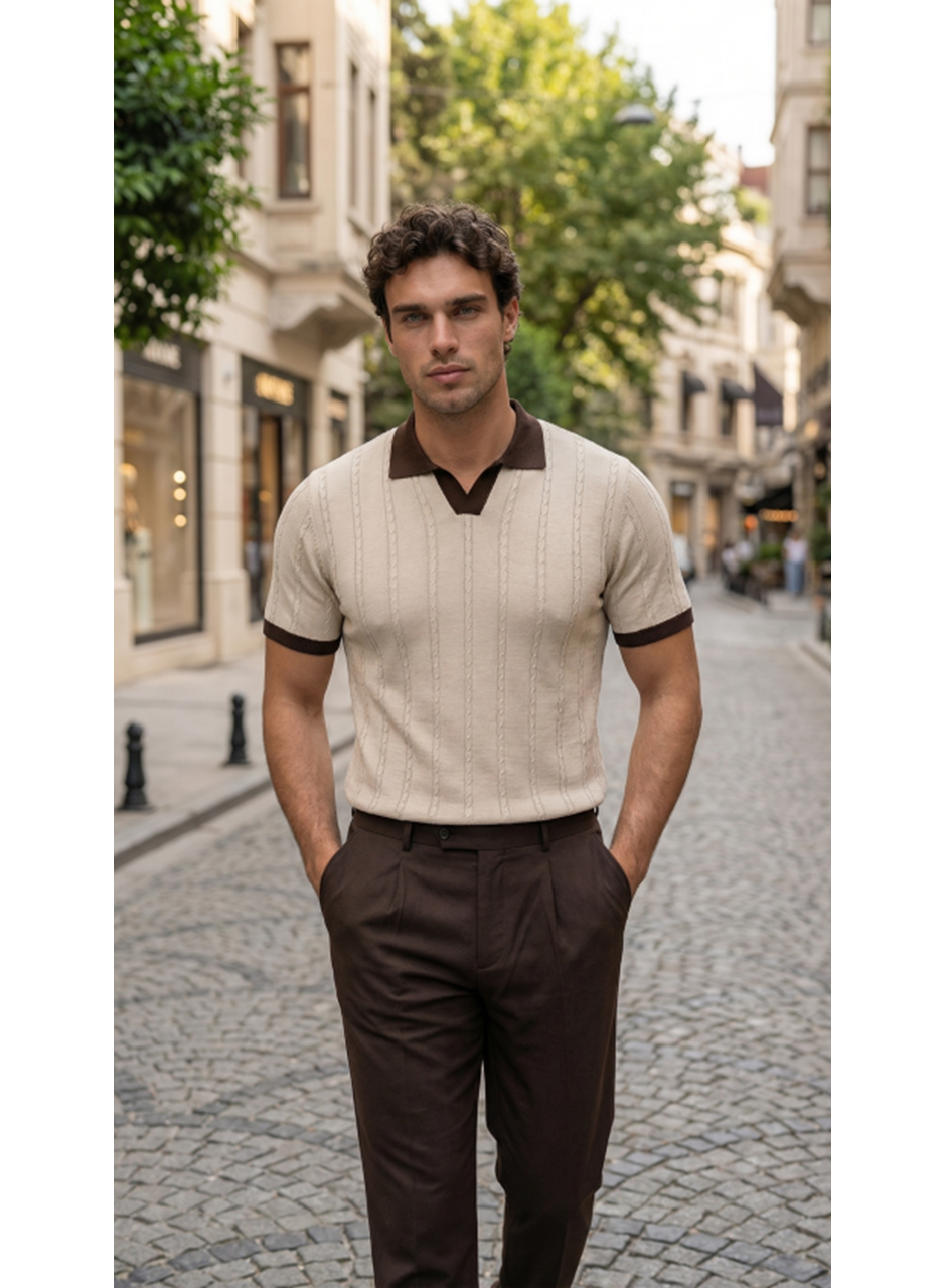 Erkek Örgü Desen Yakalı Kısa Kollu Triko Tişört - %100 Pamuk Akrilik