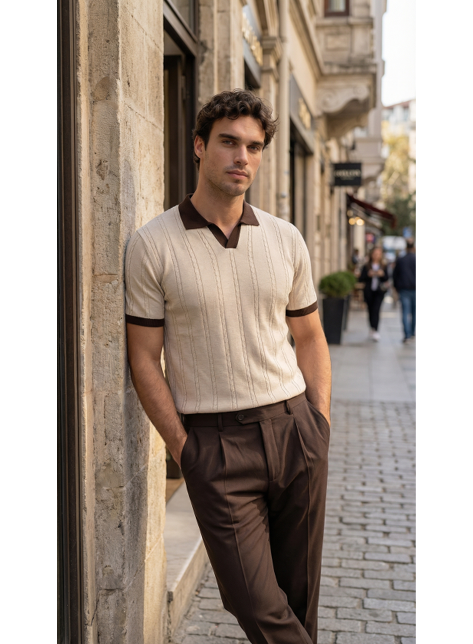 Erkek Örgü Desen Yakalı Kısa Kollu Triko Tişört - %100 Pamuk Akrilik