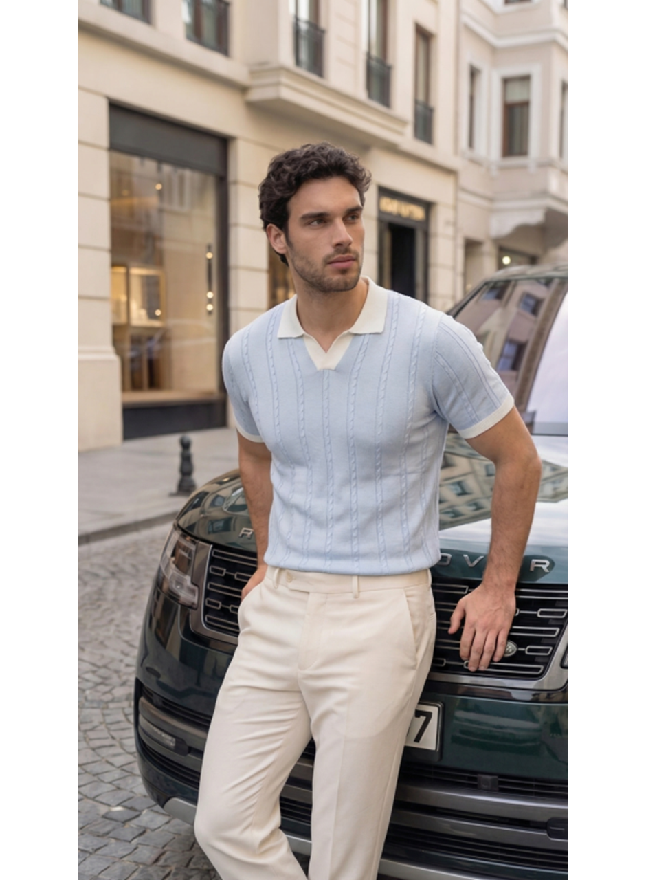 Erkek Örgü Desen Yakalı Kısa Kollu Triko Tişört - %100 Pamuk Akrilik