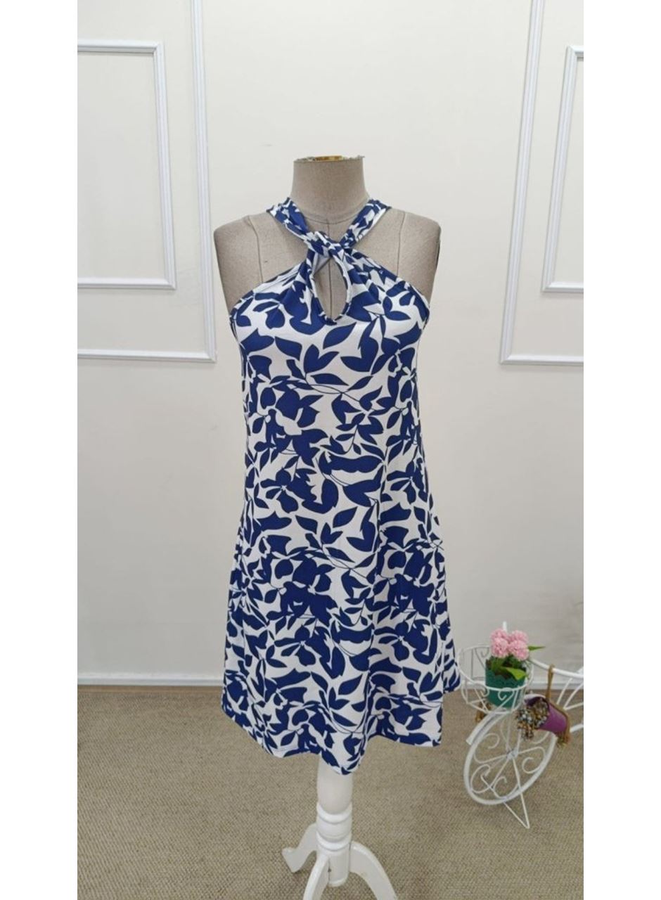 Kadın Boyundan çapraz Askı Damla Detaylı Omuzlardan Açık Desenli Kısa Süprem Elbise