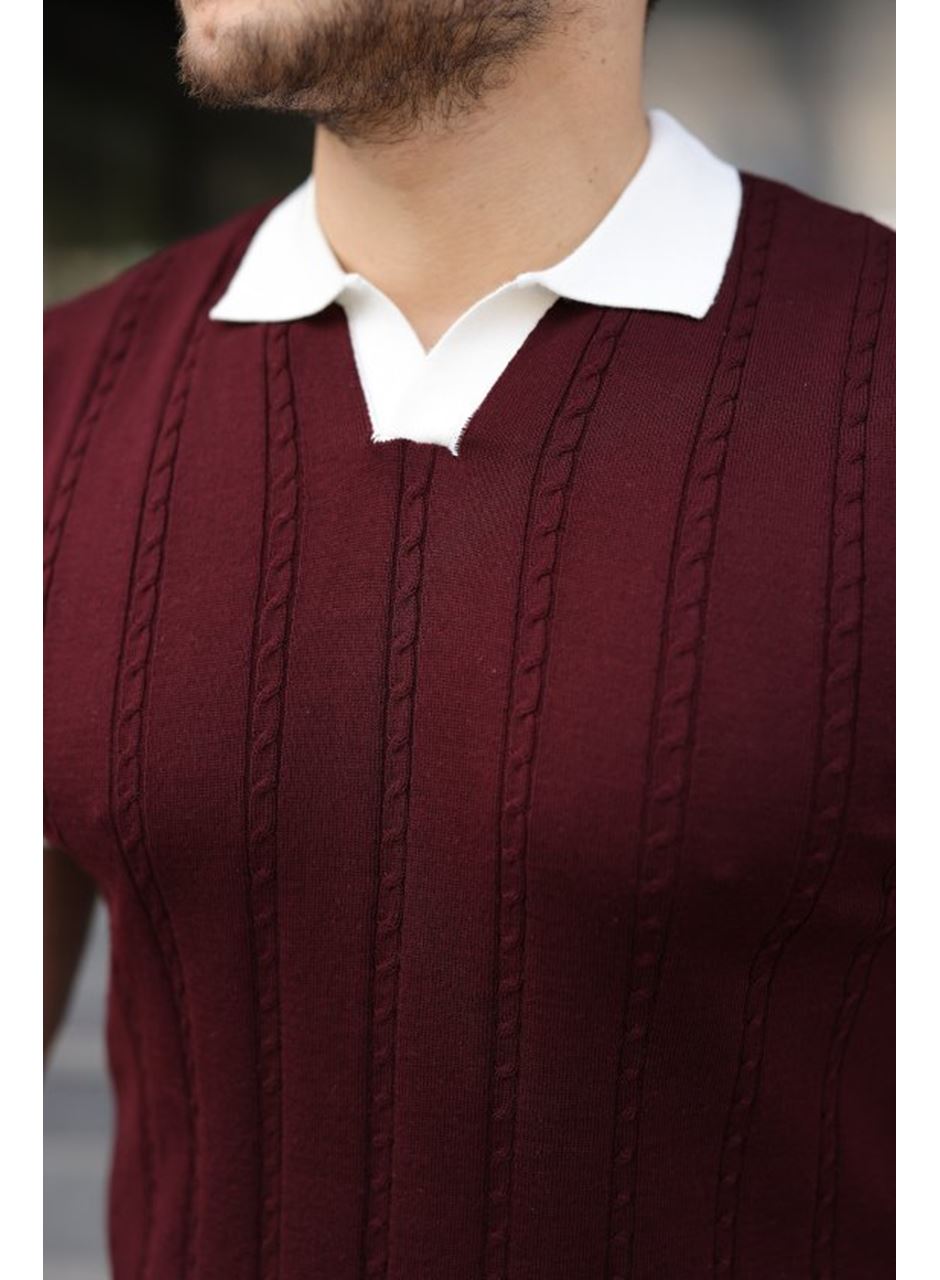 Erkek Örgü Desen Yakalı Kısa Kollu Triko Tişört - %100 Pamuk Akrilik