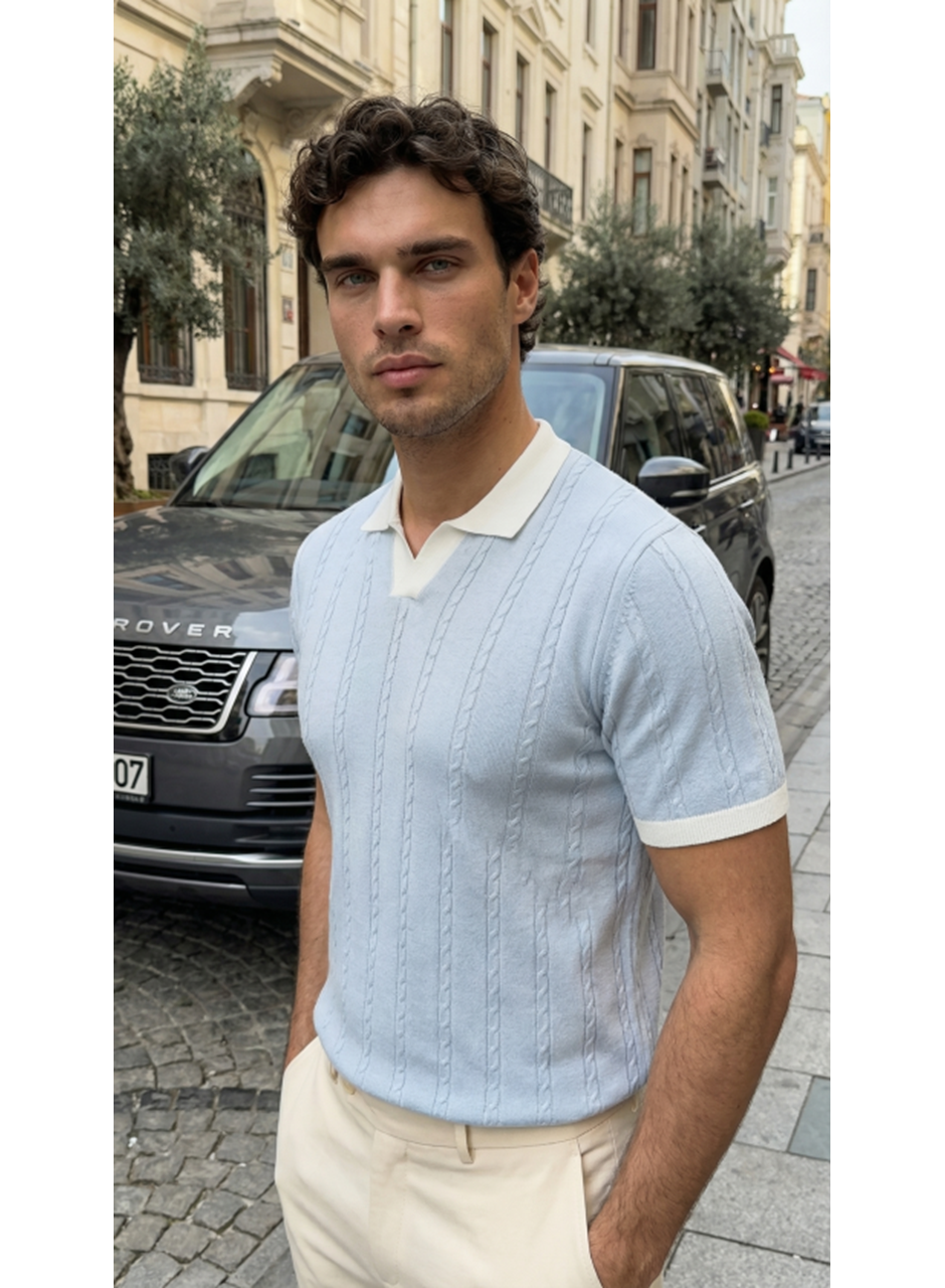 Erkek Örgü Desen Yakalı Kısa Kollu Triko Tişört - %100 Pamuk Akrilik