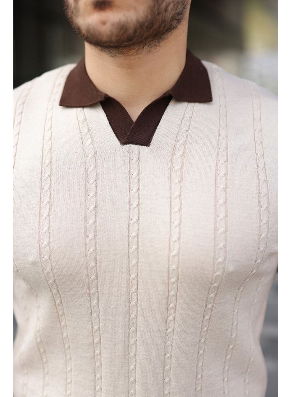 Erkek Örgü Desen Yakalı Kısa Kollu Triko Tişört - %100 Pamuk Akrilik