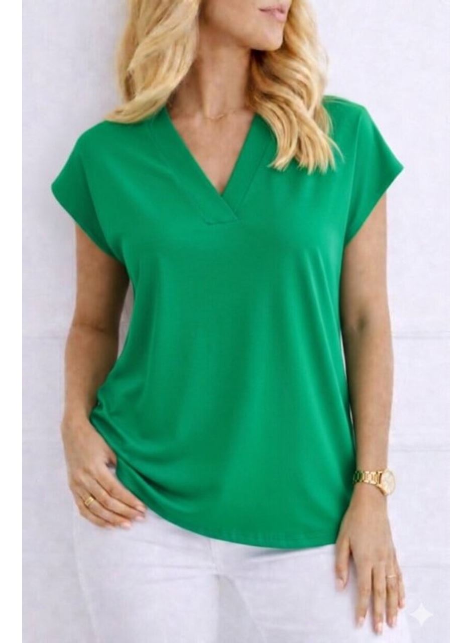 Kadın V Yaka Kısa Kol Dokuma Viskon Kumaş Bluz