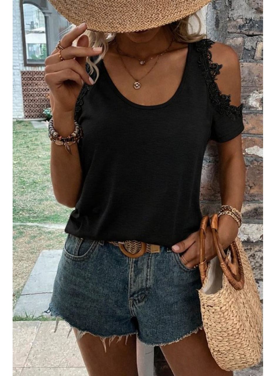 Kadın Omuzlardan Açık Yuvarlak Yakalı Viskon Bluz