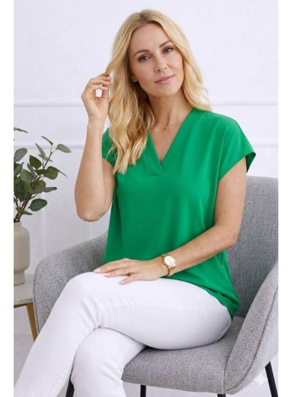Kadın V Yaka Kısa Kol Dokuma Viskon Kumaş Bluz