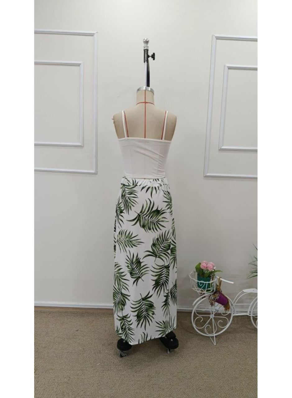 Kadın Ip Askılı Yuvarlak Yaka Kısa Viskon Bluz Ve Desenli Yırtmaçlı Süprem Etek Ikili Takım