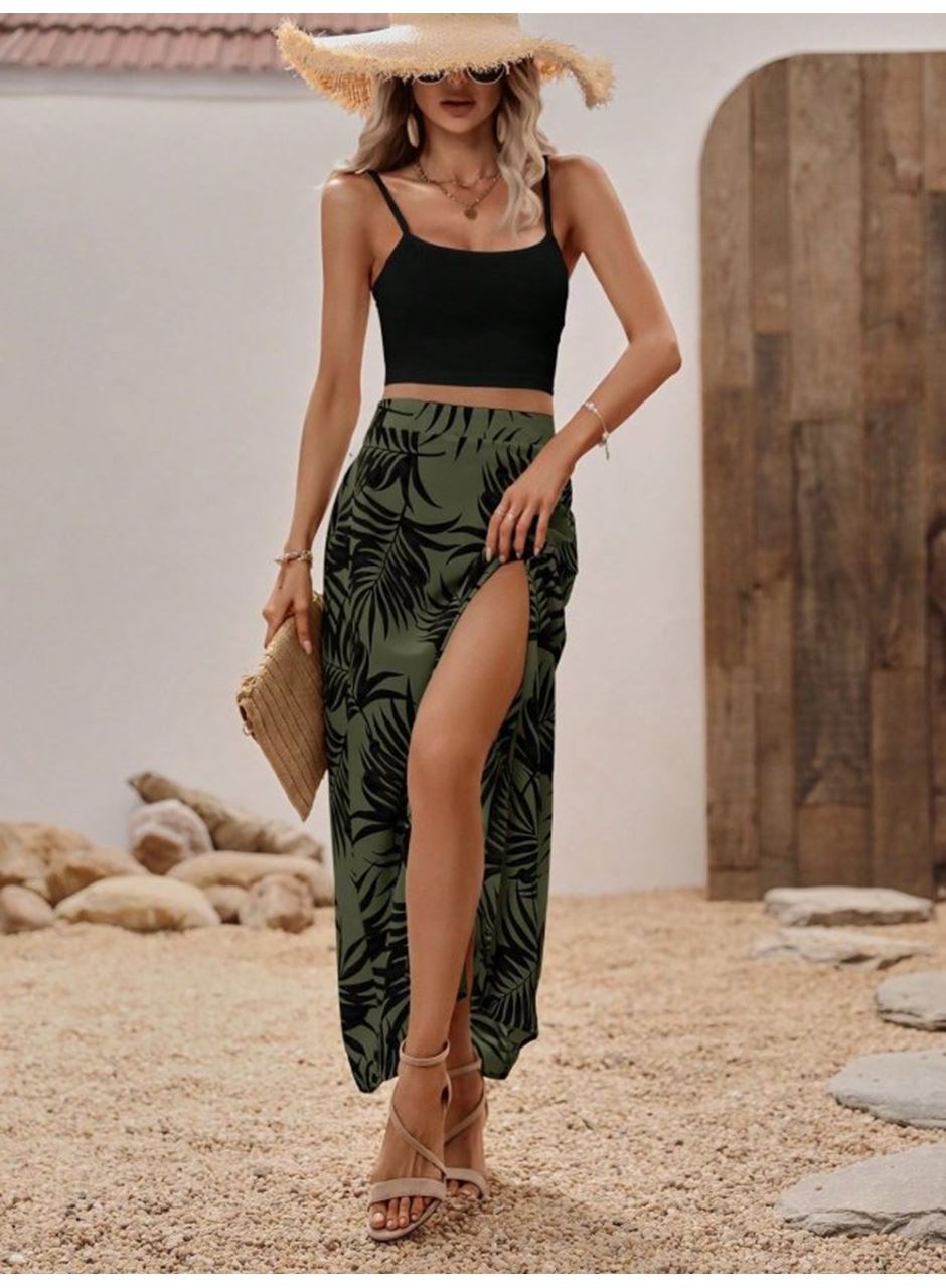 Kadın Ip Askılı Yuvarlak Yaka Kısa Viskon Bluz Ve Desenli Yırtmaçlı Süprem Etek Ikili Takım