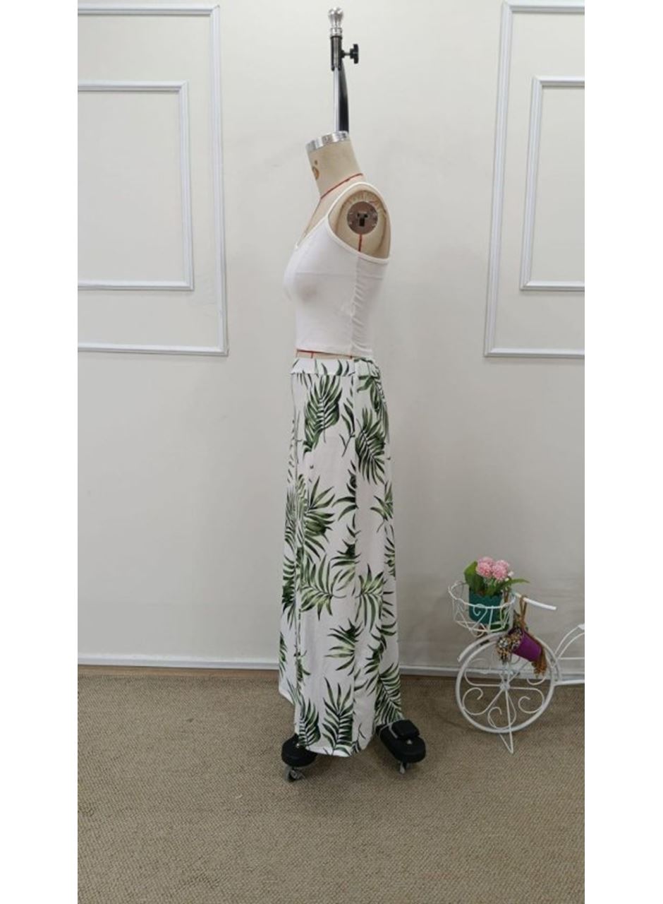 Kadın Ip Askılı Yuvarlak Yaka Kısa Viskon Bluz Ve Desenli Yırtmaçlı Süprem Etek Ikili Takım