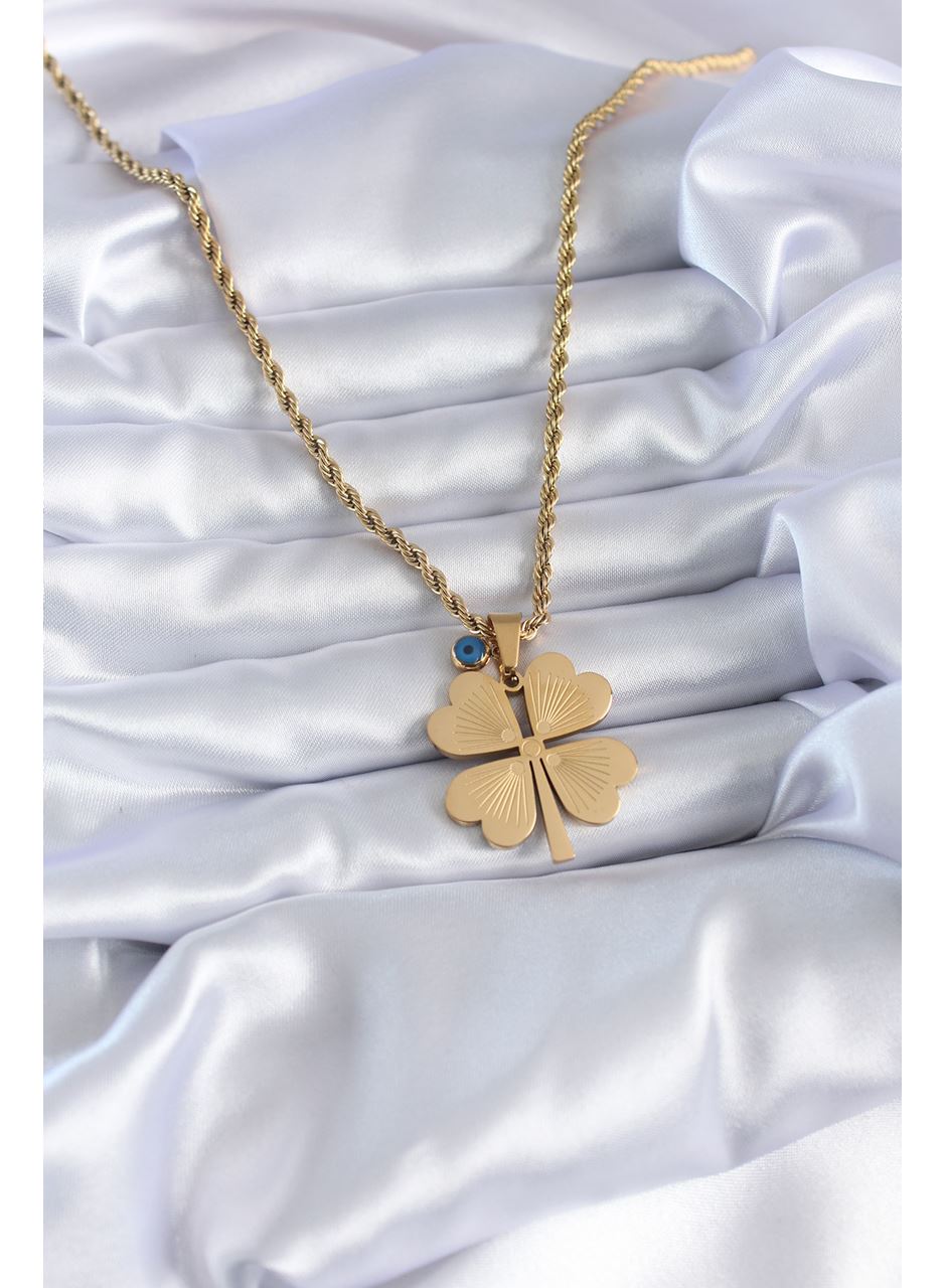 316L Çelik Gold Renk Burgu Model İşlemeli Yonca Figür Nazar Boncuk Detay Kadın Kolye