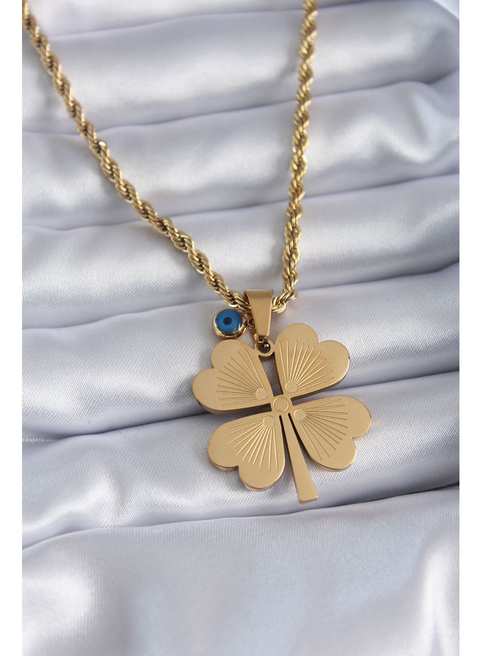 316L Çelik Gold Renk Burgu Model İşlemeli Yonca Figür Nazar Boncuk Detay Kadın Kolye