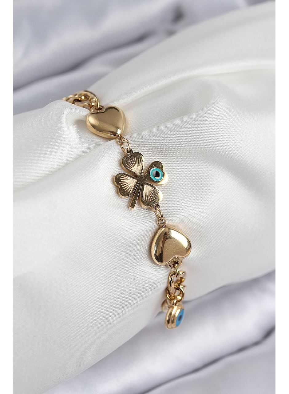 316L Çelik Nazar Boncuk Detaylı Yonca Model Gold Renk Kadın Bileklik