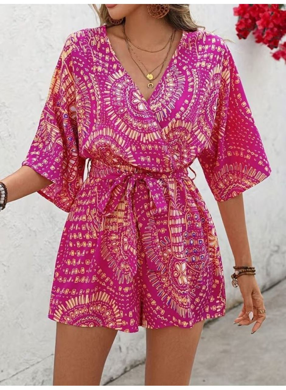 Kadın Kısa Kollu Kruvaze Yakalı Belden Kuşaklı Desenli Kısa Süprem Tulum