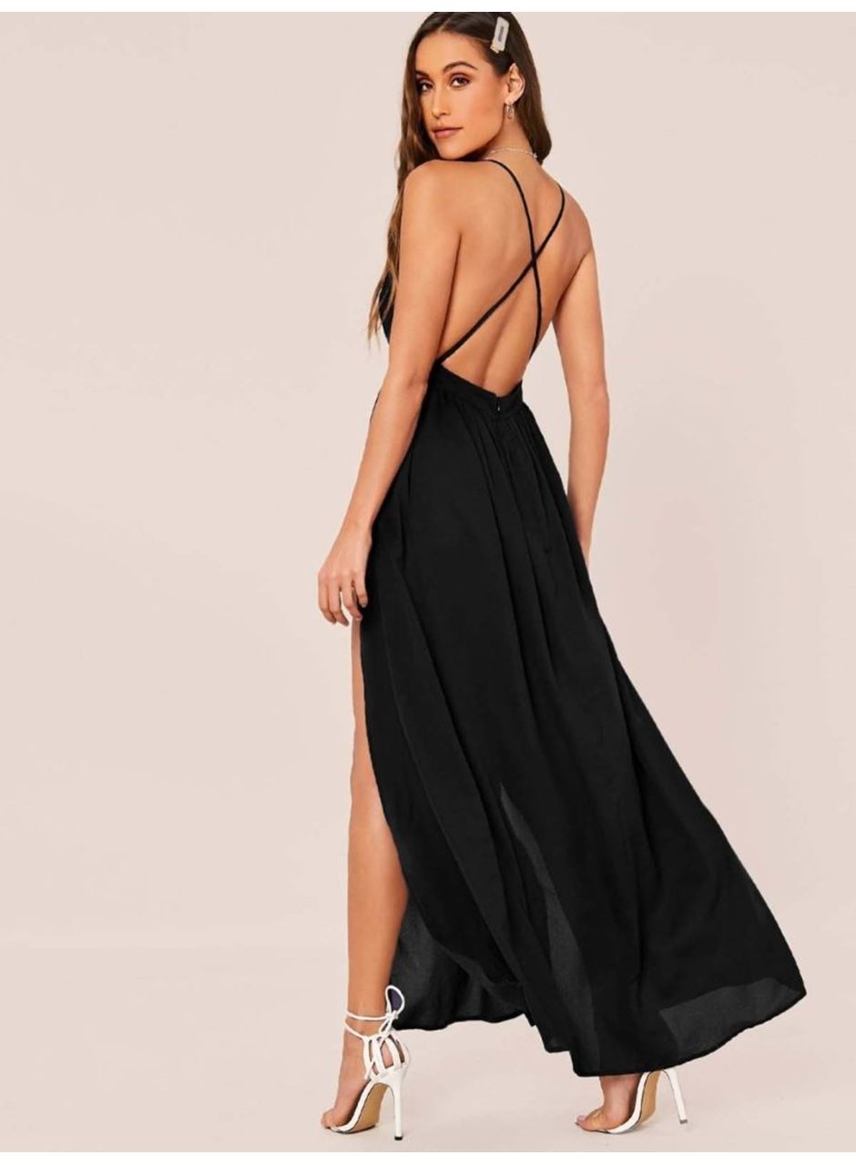 Kadın Ip Askılı Kruvazeli Yırtmaç Detaylı Yerli Krep Uzun Elbise