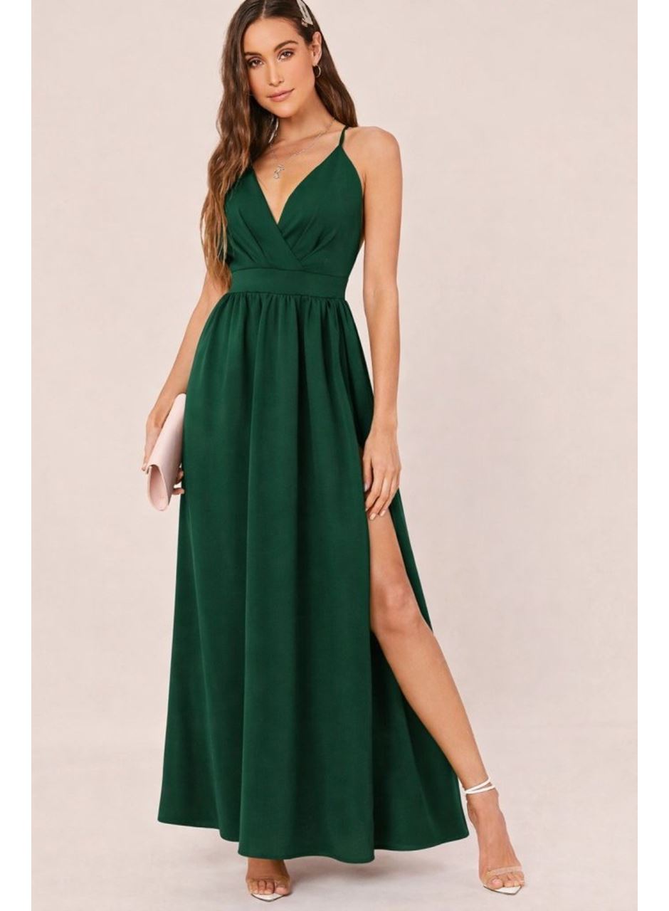 Kadın Ip Askılı Kruvazeli Yırtmaç Detaylı Yerli Krep Uzun Elbise