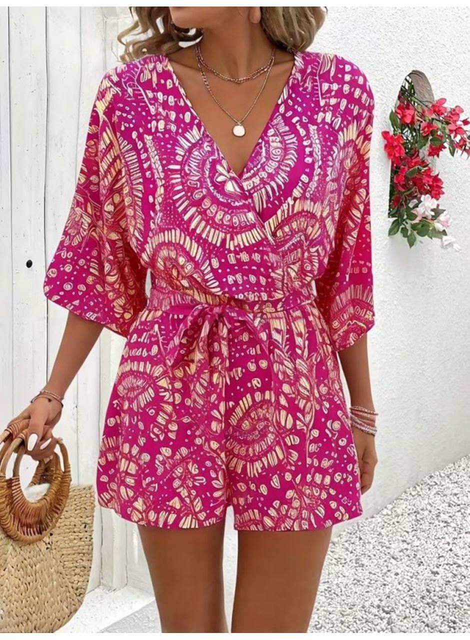 Kadın Kısa Kollu Kruvaze Yakalı Belden Kuşaklı Desenli Kısa Süprem Tulum